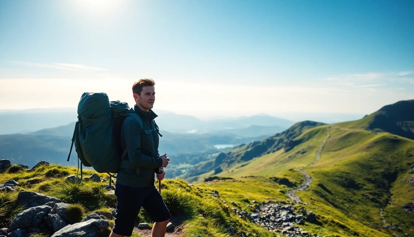 Wandern Irland Urlaub: Hiker enjoying breathtaking views on an Irish hilltop.