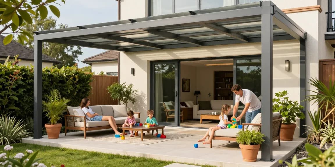 Moderne Terrassenüberdachung mit einer Familie, die im Garten entspannt.