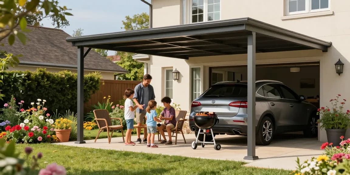 Moderne Carport in sonnigem Garten mit Familie beim Grillen.