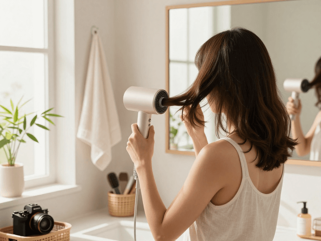 Woman using a compact hair dryer in a bright bathroom, showcasing styling features and natural light.