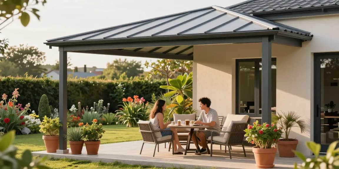 Moderne Terrassenüberdachungen auf einer eleganten Terrasse mit Pflanzen und Möbeln.